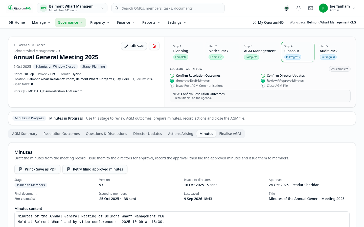 QuorumHQ AGM minutes drafting and director approval workflow