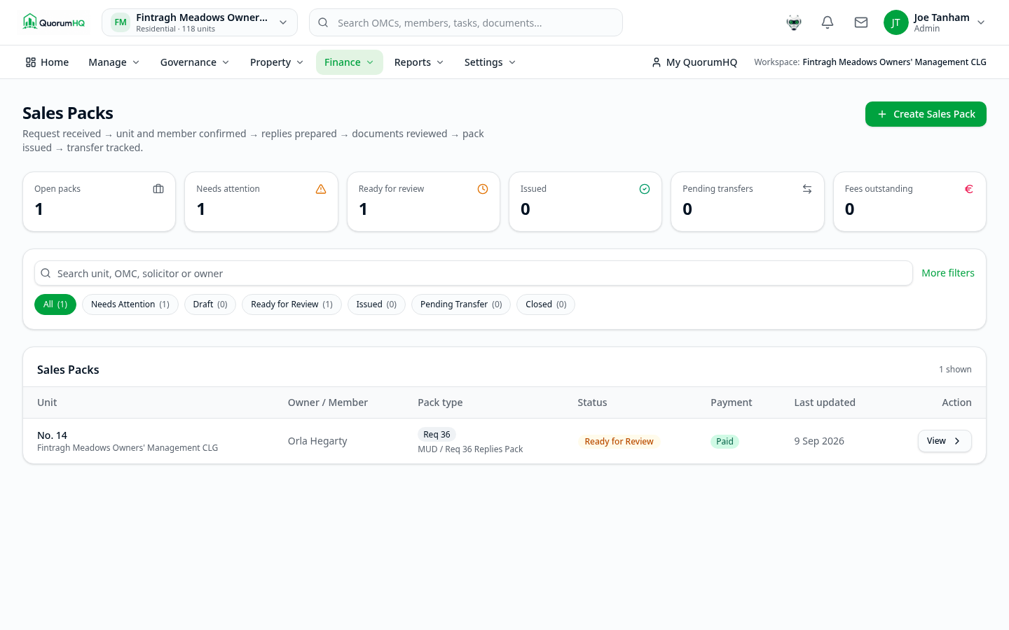 QuorumHQ Sales Packs workspace showing Req 36 requests, progress and review status