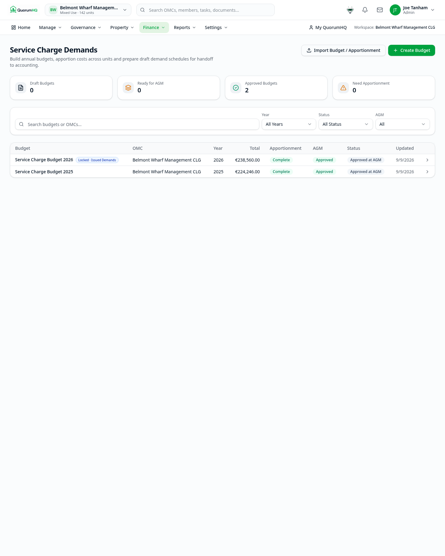 QuorumHQ Service Charges overview showing annual budgets and demand progress
