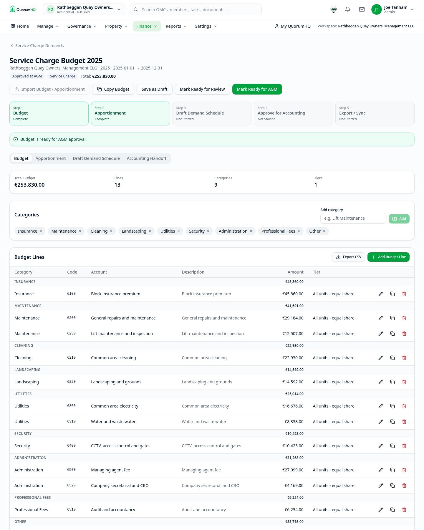 QuorumHQ service charge Budget Builder with expenditure lines and account-code mapping