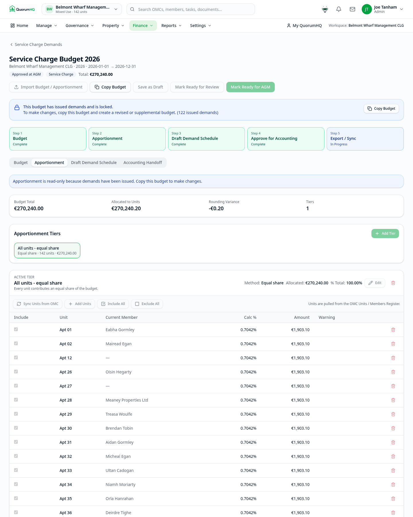 QuorumHQ service charge apportionment showing tiers and unit-level calculations