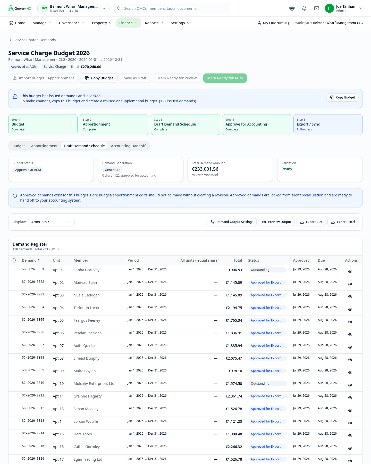QuorumHQ draft service charge demand schedule showing calculated unit charges