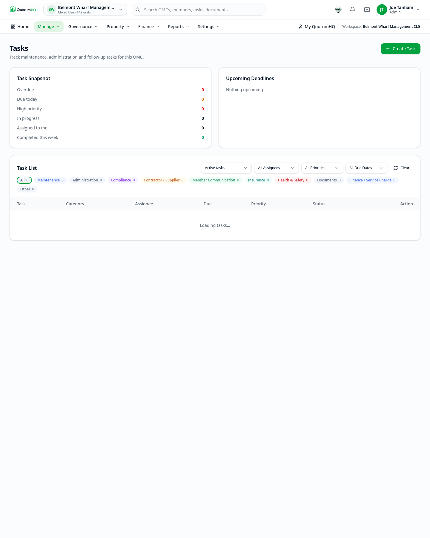 QuorumHQ Tasks workspace showing operational work linked to OMC records