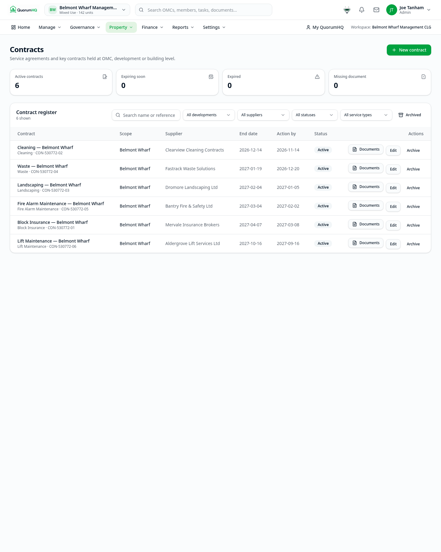 QuorumHQ Contracts register with suppliers, terms, documents and renewal dates