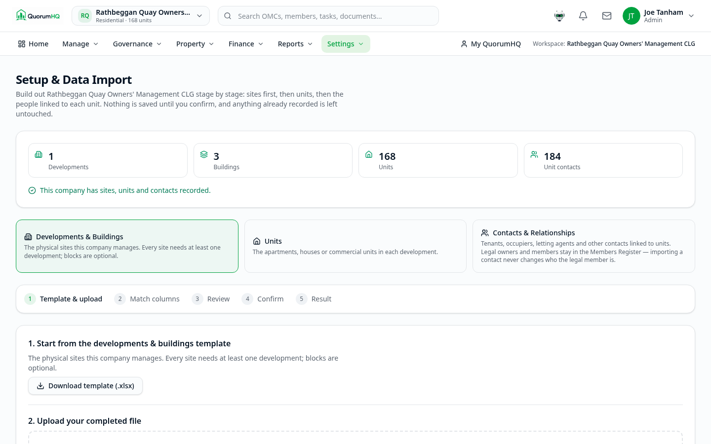 QuorumHQ Setup and Data Import centre with guided import stages and history