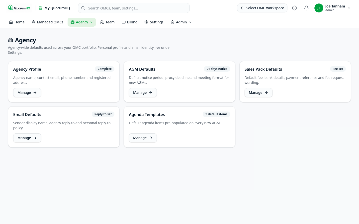 QuorumHQ agency defaults for consistent AGM and sales pack workflows