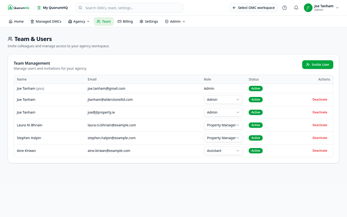 QuorumHQ team management with agency roles and permissions