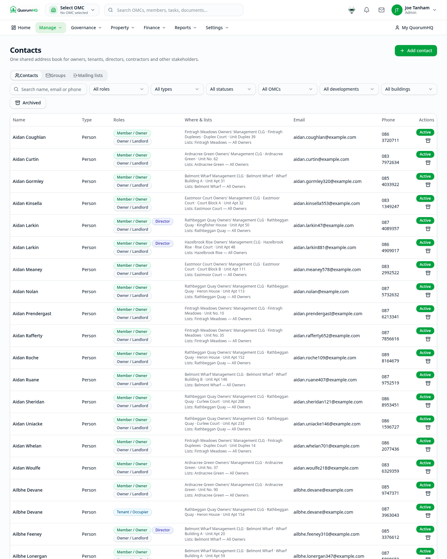 QuorumHQ shared Contacts register with role filters for owners, tenants, directors and suppliers
