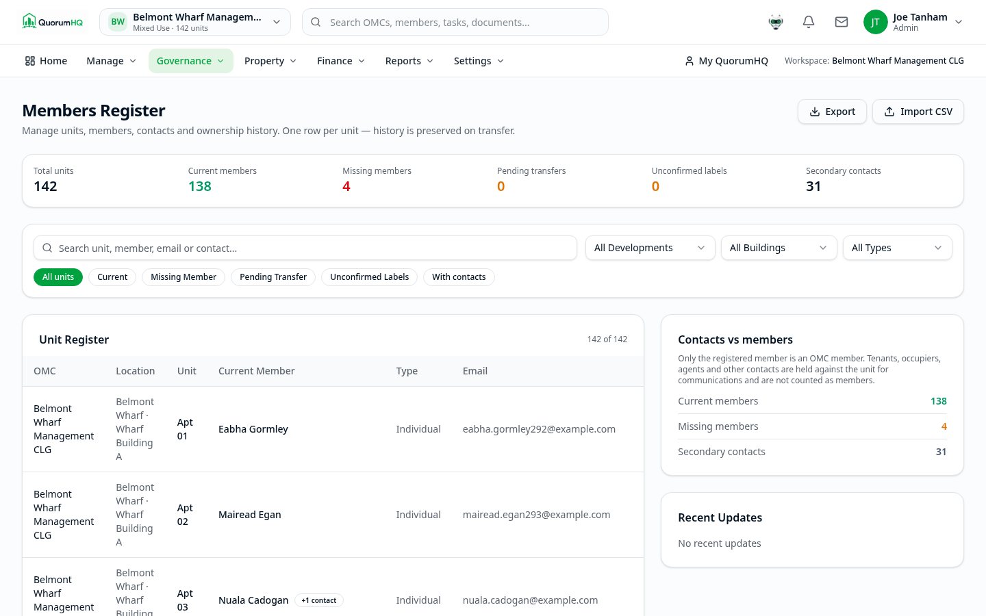 QuorumHQ Members Register showing unit-led legal ownership records