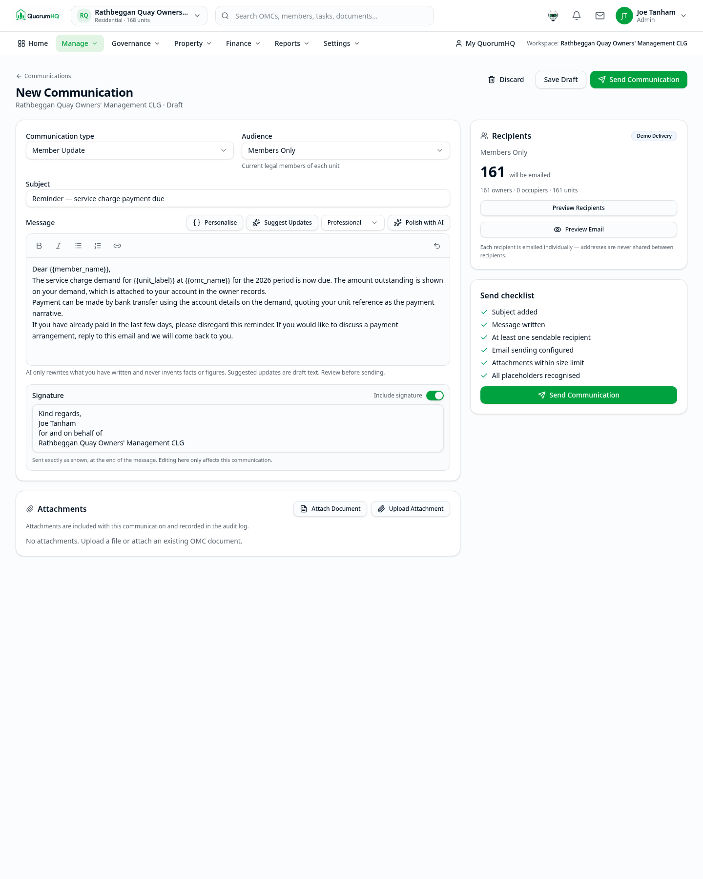 QuorumHQ communication composer with a selected audience and recipient preview