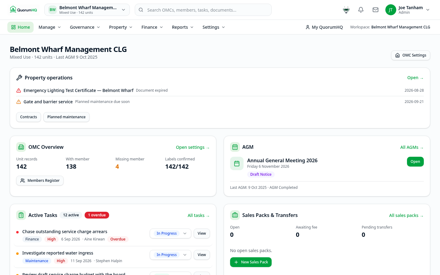 QuorumHQ OMC workspace dashboard showing property operations, members, AGM, tasks and sales packs
